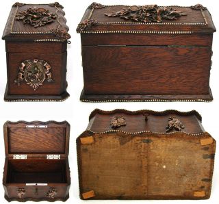 Rare Antique French TAHAN Marked 10.  5” Oak Box,  Hunt Themed Figural Accents 11