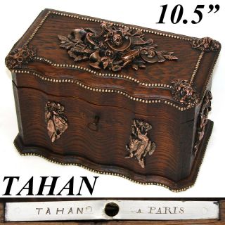 Rare Antique French Tahan Marked 10.  5” Oak Box,  Hunt Themed Figural Accents