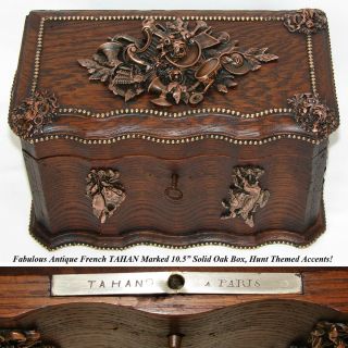 Rare Antique French TAHAN Marked 10.  5” Oak Box,  Hunt Themed Figural Accents 2