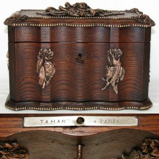 Rare Antique French TAHAN Marked 10.  5” Oak Box,  Hunt Themed Figural Accents 3