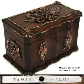 Rare Antique French TAHAN Marked 10.  5” Oak Box,  Hunt Themed Figural Accents 4