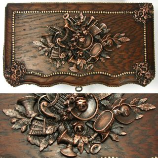 Rare Antique French TAHAN Marked 10.  5” Oak Box,  Hunt Themed Figural Accents 5
