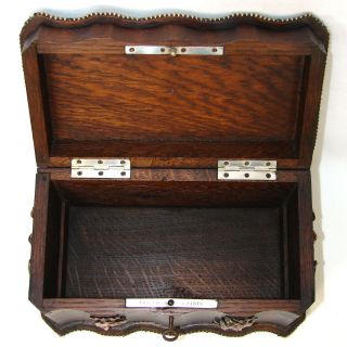 Rare Antique French TAHAN Marked 10.  5” Oak Box,  Hunt Themed Figural Accents 9