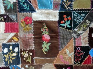 Two 1886 - 89 Antique Velvet & Silk Embroidered Crazy Quilts 10