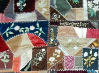 Two 1886 - 89 Antique Velvet & Silk Embroidered Crazy Quilts 11