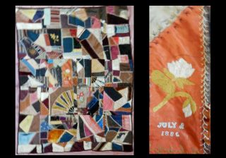 Two 1886 - 89 Antique Velvet & Silk Embroidered Crazy Quilts 12