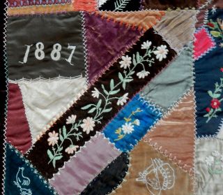 Two 1886 - 89 Antique Velvet & Silk Embroidered Crazy Quilts 2