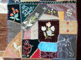 Two 1886 - 89 Antique Velvet & Silk Embroidered Crazy Quilts 5