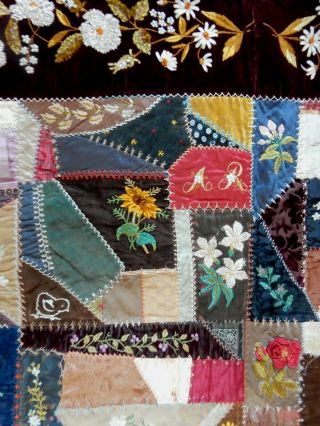Two 1886 - 89 Antique Velvet & Silk Embroidered Crazy Quilts 7