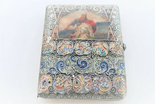 RARE RUSSIAN ENAMEL HAND PAINTED SIGNED C.  C CIGARETTE CASE 84 SILVER RUBY SET 12
