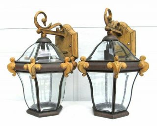 Pair Vintage Gothic French Hinkley Cast Metal Brass Outdoor Wall Sconce Light