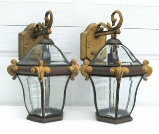 Pair Vintage Gothic French Hinkley Cast Metal Brass Outdoor Wall Sconce Light 4