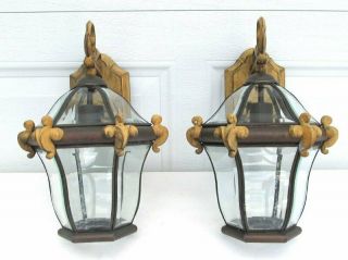 Pair Vintage Gothic French Hinkley Cast Metal Brass Outdoor Wall Sconce Light 5