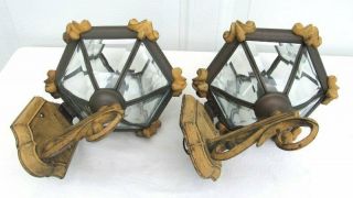 Pair Vintage Gothic French Hinkley Cast Metal Brass Outdoor Wall Sconce Light 6