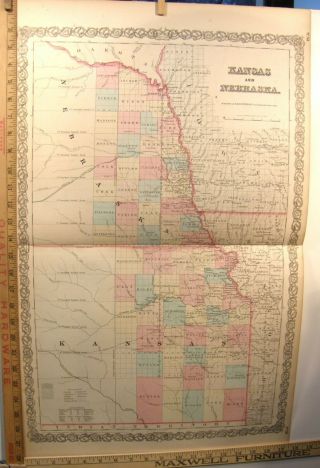 Big Antique Color Engraving Map Kansas & Nebraska 1859 Colton 