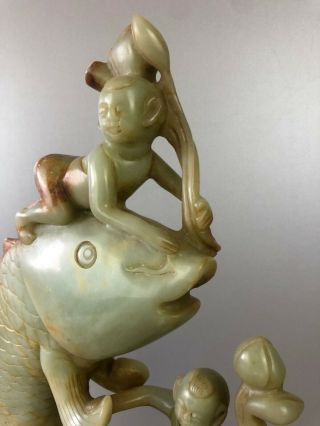 GOOD LARGE Ca 1900 JADE FISH AND CHILDRENS SCULPTURE 12