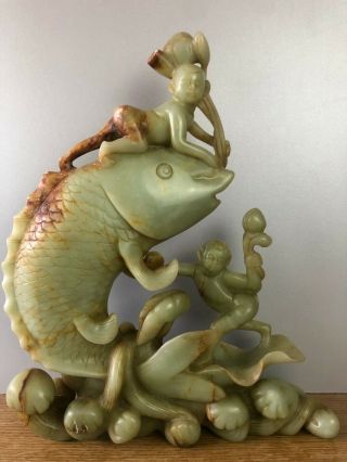 Good Large Ca 1900 Jade Fish And Childrens Sculpture