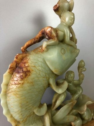 GOOD LARGE Ca 1900 JADE FISH AND CHILDRENS SCULPTURE 2
