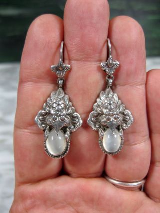 Unusual Antique Tibetan Or Chinese Sterling Silver Moonstone Figural Earrings