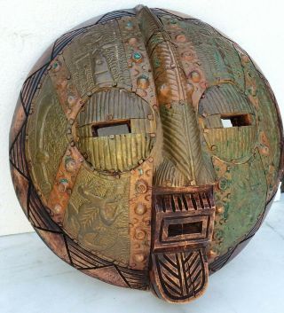 Vintage Hand Carved Round Ashanti Mask W Hammered Brass Ghana - Songbird