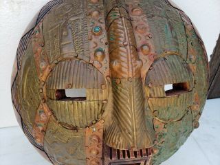 Vintage Hand Carved ROUND ASHANTI MASK w Hammered Brass Ghana - Songbird 4