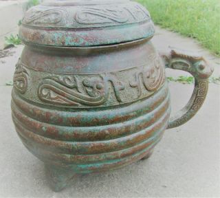 Scarce Ancient Chinese Tang Dynasty Bronze Vessel With Dragon Head Decorations