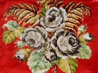 Antique 19th Century Victorian Beadwork & Woolwork Floral Roses Panel