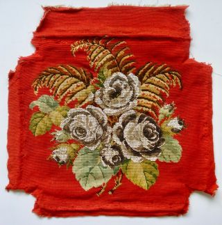 ANTIQUE 19TH CENTURY VICTORIAN BEADWORK & WOOLWORK FLORAL ROSES PANEL 2