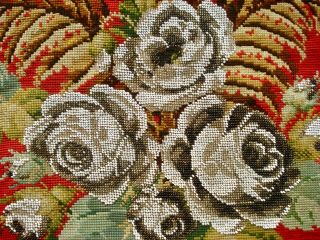 ANTIQUE 19TH CENTURY VICTORIAN BEADWORK & WOOLWORK FLORAL ROSES PANEL 3