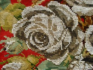 ANTIQUE 19TH CENTURY VICTORIAN BEADWORK & WOOLWORK FLORAL ROSES PANEL 4