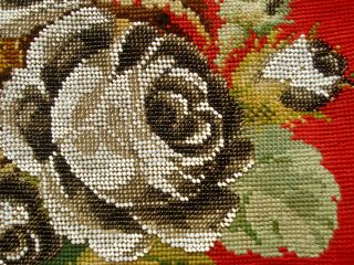 ANTIQUE 19TH CENTURY VICTORIAN BEADWORK & WOOLWORK FLORAL ROSES PANEL 5