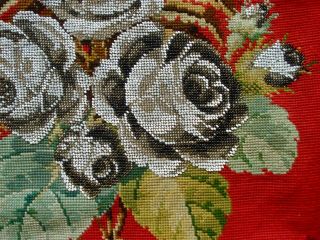 ANTIQUE 19TH CENTURY VICTORIAN BEADWORK & WOOLWORK FLORAL ROSES PANEL 9