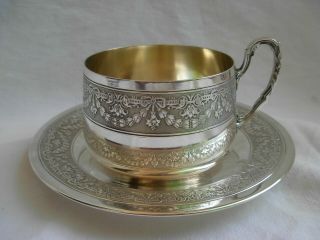 Antique French Sterling Silver Chocolat Cup & Saucer,  Louis 16 Style.