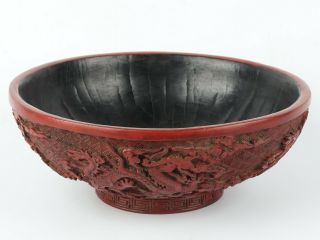 Antique Chinese Cinnabar Lacquer Bowl Carved Dragon