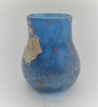Museum Quality Ancient Roman Aqua Blue Bulbous Glass Vessel Circa 200 - 300ad