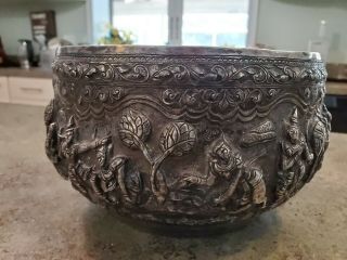 Antique Sterling Silver 791 Grams India Themed 3D Repoussé Centerpiece Bowl 4