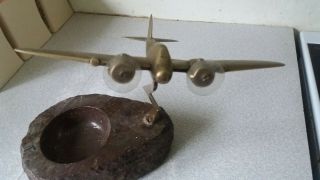 VINTAGE WW2 BRISTOL BEAUFIGHTER BRASS AIRPLANE ON CHUNKY HEAVY MARBLE ASHTRAY 2