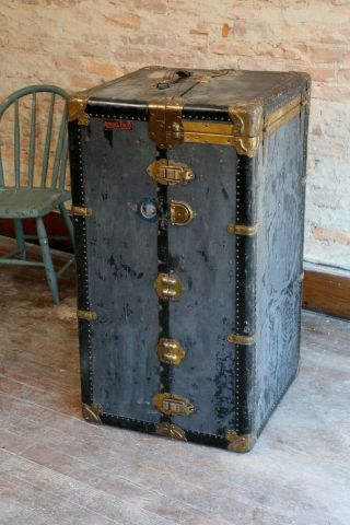 Antique Mendel Wardrobe Steamer Trunk Luggage Chest Vintage Coffee Table Brass
