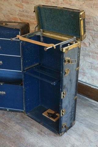 Antique Mendel Wardrobe Steamer Trunk Luggage Chest vintage coffee table brass 5