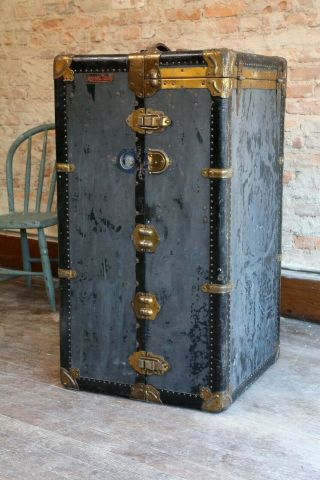 Antique Mendel Wardrobe Steamer Trunk Luggage Chest vintage coffee table brass 7