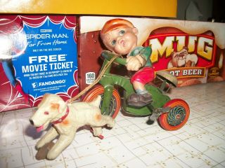 Vtg.  - Wind - Up Toy With Celluloid Boy & Dog On Tin Litho Tricycle/japan