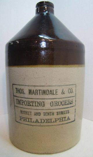 Antique 1900 Thos.  Martindale & Co.  Philadelphia Jug Crock Importing Grocers Pa