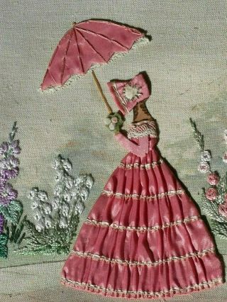 EMBROIDERED,  PAINTED ' 3D ' CRINOLINE LADY GARDEN FLORAL TRAY 1930 2