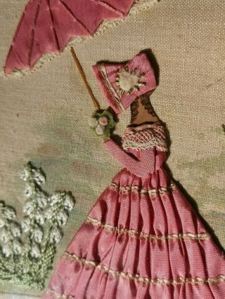 EMBROIDERED,  PAINTED ' 3D ' CRINOLINE LADY GARDEN FLORAL TRAY 1930 3