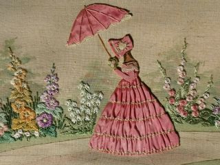 EMBROIDERED,  PAINTED ' 3D ' CRINOLINE LADY GARDEN FLORAL TRAY 1930 4