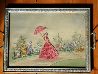 EMBROIDERED,  PAINTED ' 3D ' CRINOLINE LADY GARDEN FLORAL TRAY 1930 6