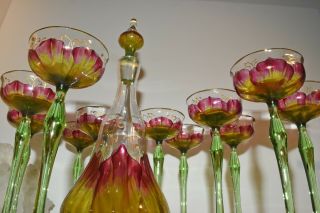 Antique Hand Painted Floral Glass Decanter & 11 Cordial Set Victorian Glass