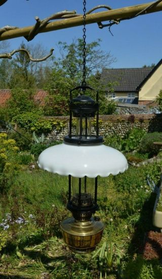 Hanging Oil Lamp.  Opaque Milk White Fluted Glass Shade.  Aladdin 12 Burner.