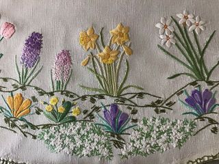 Exceptional Vintage Linen Hand Embroidered Tablecloth Spring Floral Garden