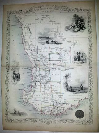 Rare Tallis Map,  Western Australia,  Swan River,  Australia 1850s